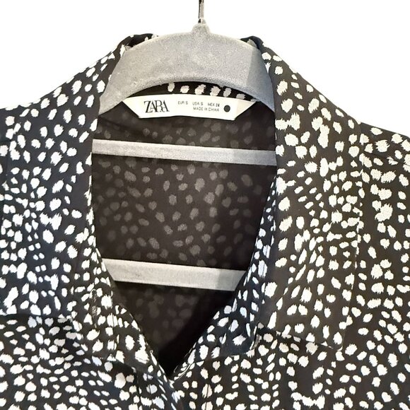 Zara Size S Black And White Polka Dot Flounce Mini Shirt Dress Long Sleeve - Picture 7 of 14